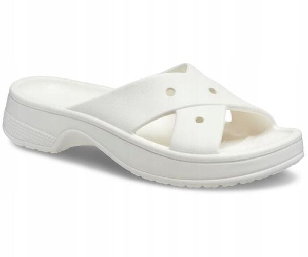 Klapki Dla Dorosłych Crocs Womens Cross Strap. Białe klapki damskie Crocs, bez wzorów, z materiału, bez zapięcia. Za 159.99 zł.