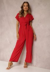 Czerwony Kombinezon z Wiskozy Zotolio. Czerwone sukienki damskie Renee, na imprezę, na lato, m, bez wzorów, z materiału, eleganckie, bez kołnierzyka, bez ramiączek, maxi, kopertowe. Za 49.99 zł.