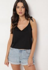 Czarny Top z Modalem i Bawełną Ozdobiona Wiązaniem Lilacea. Czarne topy damskie Born2be, l, bez wzorów, z bawełny, eleganckie, bez kołnierzyka, bez ramiączek. Za 39.99 zł.