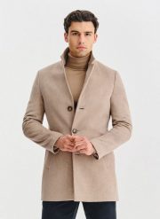 PAKO LORENTE – Beżowy płaszcz z wełną. Brązowe płaszcze męskie Pako Lorente, na zimę, m, bez wzorów, z poliesteru, bez kołnierzyka, bez kaptura. Za 699.99 zł.