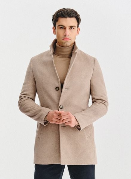 PAKO LORENTE – Beżowy płaszcz z wełną. Brązowe płaszcze męskie Pako Lorente, na zimę, m, bez wzorów, z poliesteru, bez kołnierzyka, bez kaptura. Za 699.99 zł.