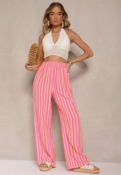 Pomarańczowe Bawełniane Muślinowe Spodnie Szerokie High Waist w Paski Mavirise. Brązowe spodnie materiałowe damskie Renee, bez wzorów, z bawełny, boho, z podwyższonym stanem. Za 84.99 zł.