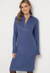 Granatowa Sweterkowa Sukienka Pudełkowa z Bawełną i Wełną Ozdobiona Suwakiem Reimia. Niebieskie sukienki damskie Born2be, na co dzień, uniwersalny, bez wzorów, z bawełny, klasyczne, bez kołnierzyka, bez ramiączek. Za 79.99 zł.