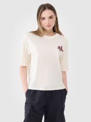 4F T-shirt oversize z nadrukiem damski - biały M. Białe t-shirty damskie 4F, m, bez wzorów, z bawełny, klasyczne, bez kołnierzyka, bez ramiączek. W wyprzedaży za 39.99 zł.