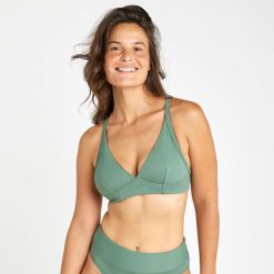 Góra kostiumu kąpielowego surfingowego damska Olaian Bea. Zielone bikini OLAIAN, bez wzorów, z materiału. Za 99.99 zł.