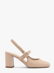 Beżowe czółenka typu slingback LUIZA. Brązowe czółenka damskie Ryłko, bez wzorów, z gumy, bez obcasa, na obcasie, bez zapięcia. W wyprzedaży za 299.99 zł.