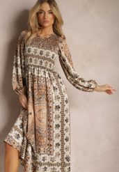Beżowa Sukienka Maxi Boho z Bufiastym Rękawem i Rozkloszowanym Dołem Veltiana. Brązowe sukienki damskie Renee, na co dzień, l, bez wzorów, z materiału, boho, bez kołnierzyka, bez ramiączek, maxi, kopertowe. Za 129.99 zł.