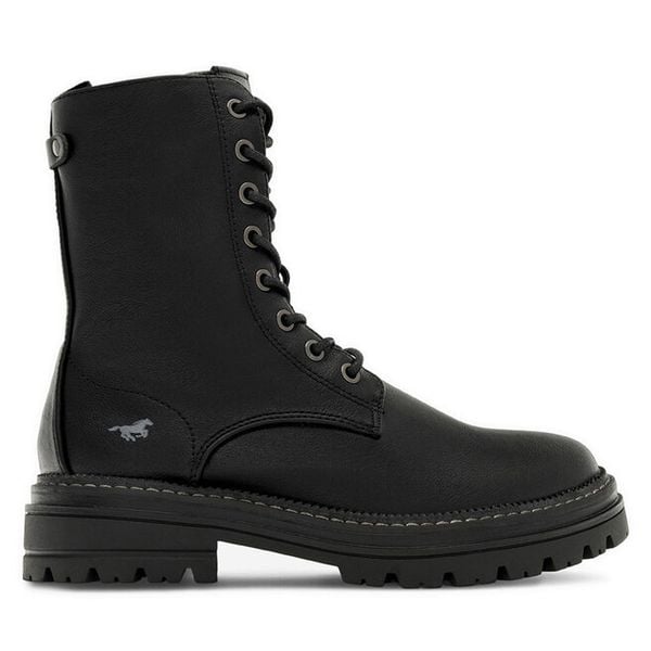 Trzewiki Mustang. Czarne botki damskie Mustang, bez wzorów, bez obcasa, na płaskiej podeszwie, bez zapięcia. Za 349.99 zł.