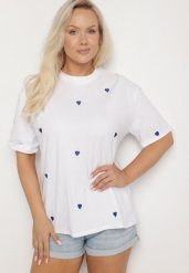 Biało-Niebieski Bawełniany T-shirt Zdobiony Haftem w Kształcie Serc Naloree. Białe t-shirty damskie Born2be, l, z aplikacjami, z bawełny, eleganckie, bez kołnierzyka, bez ramiączek. Za 69.99 zł.
