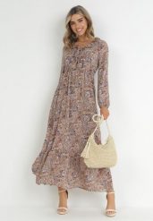 Brązowo-Beżowa Sukienka z Falbanką przy Dekolcie w Ornamentalny Wzór isha. Brązowe sukienki damskie Born2be, na co dzień, l, bez wzorów, eleganckie, bez kołnierzyka, bez ramiączek, maxi, rozkloszowane. Za 139.99 zł.