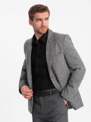 Męska marynarka casual z ozdobnym pinem na klapie - szary melanż V1. Szare garnitury męskie Ombre Clothing, l, bez wzorów, z poliesteru, casualowe. W wyprzedaży za 139.99 zł.