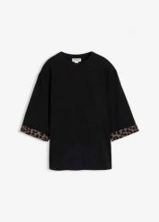 Bluza z mieszanki bawełny, z nadrukiem panterki. Czarne bluzy damskie bonprix, bez wzorów, z bawełny, bez ramiączek, bez kaptura. Za 82.99 zł.