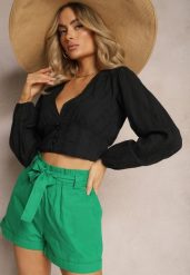 Zielone Szorty High Waist Wiązane w Pasie Gilalilena. Zielone szorty damskie Renee, bez wzorów, z materiału, eleganckie, z podwyższonym stanem. Za 39.99 zł.