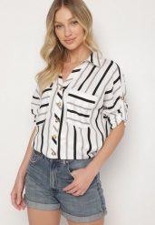 Biało-Czarna Koszula z Bawełny w Paski Adserie. Białe koszule damskie Born2be, m, bez wzorów, z bawełny, eleganckie, bez kołnierzyka, bez ramiączek. Za 79.99 zł.