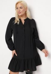 Czarna Koszulowa Sukienka Mini z Falbanką Brindel. Czarne sukienki damskie Born2be, m, bez wzorów, bez kołnierzyka, bez ramiączek, mini, koszulowe. Za 89.99 zł.