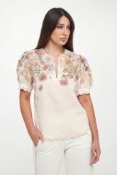 Bluzka damska lniana w kwiaty TWINSET. Bluzki damskie Twinset Milano, bez wzorów, bez kołnierzyka, bez ramiączek. Za 1,179.00 zł.