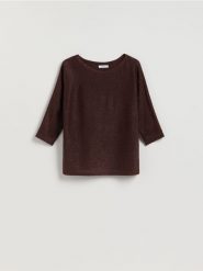 Sweter z metalizowaną nitką - brązowy. Brązowe swetry nierozpinane damskie Reserved, l, bez wzorów, z wiskozy, bez kołnierzyka, bez ramiączek. Za 99.99 zł.