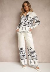 Beżowy Komplet z Wiskozą Koszula i Spodnie Zdobione Ornamentalnym Wzorem Gavris. Brązowe koszule damskie Renee, m, z aplikacjami, z materiału, eleganckie, bez kołnierzyka, bez ramiączek. Za 129.99 zł.