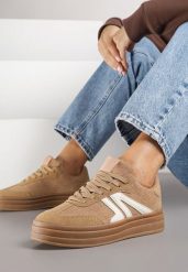 Ciemnobeżowe Sneakersy Tenisówki na Platformie z Tłoczeniem i Geometrycznym Motywem Kialie. Brązowe trampki i tenisówki damskie Renee, bez wzorów, bez zapięcia. Za 89.99 zł.
