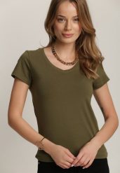 Ciemnozielony T-shirt Adranna. Zielone t-shirty damskie Renee, l, bez wzorów, z bawełny, bez kołnierzyka, bez ramiączek. Za 24.99 zł.