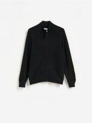 Rozpinany sweter z wełny merino - czarny. Czarne swetry męskie Reserved, l, bez wzorów, z wełny, bez kołnierzyka, bez ramiączek. Za 259.99 zł.