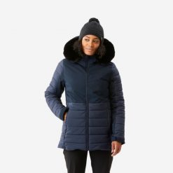 Kurtka narciarska damska Wedze 100 Warm. Niebieskie kurtki sportowe damskie WED'ZE, na zimę, xs, bez wzorów, z futra, bez ramiączek, bez kaptura, narciarskie. Za 349.99 zł.
