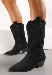 Czarne Botki Kowbojki na Niskim Stożku z Haftem Gislle. Czarne botki damskie Renee, bez wzorów, boho, bez obcasa, na obcasie, bez zapięcia. Za 149.99 zł.