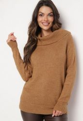 Brązowy Sweter z Wywiniętym Dekoltem Parira. Brązowe swetry nierozpinane damskie Born2be, s, bez wzorów, eleganckie, bez kołnierzyka, bez ramiączek. Za 99.99 zł.