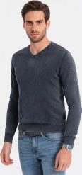 Ombre Washowany sweter męski z dekoltem w serek - granatowy V2 OM-SWOS-0108 XXL. Niebieskie swetry męskie Ombre, m, bez wzorów, bez kołnierzyka, bez ramiączek. Za 139.99 zł.