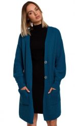 Długi kardigan sweter z kieszeniami i bufiastymi rękawami morski. Zielone kardigany damskie Polskie swetry, l, bez wzorów, bez kołnierzyka. Za 289.00 zł.