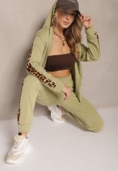 Zielony Komplet Dresowy z Bluzą i Spodniami Zdobionymi Panterką Tirhiris. Zielone bluzy damskie Renee, m, z aplikacjami, z dresówki, eleganckie, bez ramiączek, z kapturem. Za 74.99 zł.