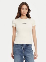 Guess Jeans T-Shirt W5YP37 KA0H1 Écru Slim Fit. T-shirty damskie Guess Jeans, s, z aplikacjami, z bawełny, bez kołnierzyka, bez ramiączek. Za 119.99 zł.