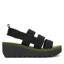 Sandały Fly London. Czarne sandały damskie Fly London, bez wzorów, bez obcasa, na koturnie, bez zapięcia. Za 463.99 zł.