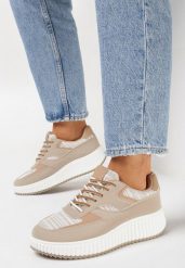 Ciemnobeżowe Sneakersy na Grubej Podeszwie Ozdobione Brokatem Evllina. Brązowe obuwie sportowe damskie Born2be, bez wzorów, bez zapięcia. Za 99.99 zł.
