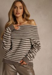 Jasnobrązowy Pasiasty Sweter z Domieszką Wełny i Wiskozy z Odkrytymi Ramionami Nelevia. Brązowe swetry nierozpinane damskie Renee, bez wzorów, z dzianiny, casualowe, bez kołnierzyka, bez ramiączek. Za 139.99 zł.