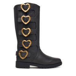 Kozaki LOVE MOSCHINO. Czarne kozaki damskie Love Moschino, bez wzorów, bez obcasa, na płaskiej podeszwie, bez zapięcia. Za 1,669.00 zł.