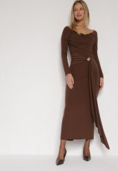 Brązowa Dopasowana Sukienka z Ozdobnym Marszczeniem Trenem i Rozcięciem Alutria. Brązowe sukienki damskie Born2be, na wesele, m, bez wzorów, wizytowe, bez kołnierzyka, bez ramiączek, dopasowane. Za 119.99 zł.