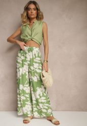 Ciemnozielone Szerokie Spodnie z Wiskozy High Waist w Kwiatowy Wzór Elaneora. Zielone spodnie materiałowe damskie Renee, bez wzorów, z jeansu, eleganckie, z podwyższonym stanem. Za 39.99 zł.