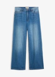Jeansy wide leg, high waist. Niebieskie jeansy damskie bonprix, bez wzorów, z jeansu, z podwyższonym stanem. Za 129.99 zł.