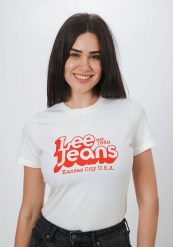 DAMSKI T-SHIRT LEE SLIM LOGO TEE WHITE CANVAS L44CEPRR 112109812. Białe t-shirty damskie Lee, l, bez wzorów, bez kołnierzyka, bez ramiączek. Za 69.99 zł.
