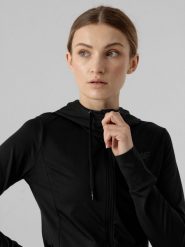 4F Bluza treningowa rozpinana z kapturem damska XS. Czarne bluzy damskie 4F, xs, bez wzorów, z dzianiny, bez ramiączek, z kapturem. Za 179.99 zł.