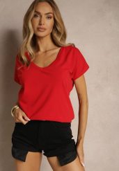 Czerwony T-shirt z Bawełny z Dekoltem w Serek Linithiela. Czerwone t-shirty damskie Renee, l, bez wzorów, z bawełny, bez kołnierzyka, bez ramiączek. Za 39.99 zł.