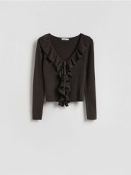 Sweter z falbanką - ciemnobrązowy. Brązowe swetry nierozpinane damskie Reserved, l, bez wzorów, z dzianiny, bez kołnierzyka, bez ramiączek. Za 129.99 zł.