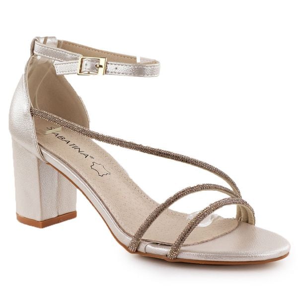 Sandały damskie na słupku z cyrkoniami złote Sabatina 730-1. Żółte sandały damskie Sabatina, bez wzorów, z materiału, bez obcasa, na słupku, bez zapięcia. Za 169.99 zł.