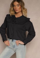 Czarna Koszula z Bawełny w Stylu Retro z Wiązaniem i Kołnierzykiem z Falbankami Firsela. Czarne koszule damskie Renee, z aplikacjami, z bawełny, klasyczne, bez kołnierzyka, bez ramiączek. Za 89.99 zł.