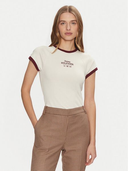 Tommy Hilfiger T-Shirt WW0WW43898 Beżowy Slim Fit. Brązowe t-shirty damskie Tommy Hilfiger, xxl, bez wzorów, z bawełny, bez kołnierzyka, bez ramiączek. Za 159.99 zł.