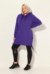 Damskie Długa bluza z kapturem tasiemka satynowa kaptur długi rękaw. Fioletowe bluzy damskie Ulla Popken, plus size, bez wzorów, z bawełny, bez ramiączek, z kapturem. Za 279.99 zł.