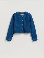 Jeansowa marynarka - niebieski. Niebieskie marynarki i żakiety damskie Reserved, bez wzorów, z denimu, bez kołnierzyka, bez ramiączek. Za 129.99 zł.