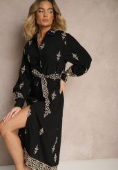 Czarna Koszulowa Sukienka w Stylu Szmizjerki z Wiskozy Wiązana w Talii Telaniwena. Czarne sukienki damskie Renee, na co dzień, l, z aplikacjami, z wiskozy, klasyczne, bez kołnierzyka, bez ramiączek, midi, koszulowe. Za 139.99 zł.