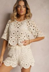 Jasnobeżowe Ażurowe Szorty z Bawełną i Gumką w Pasie Dlirina. Brązowe szorty damskie Renee, w ażurowe wzory, z bawełny, eleganckie. Za 89.99 zł.